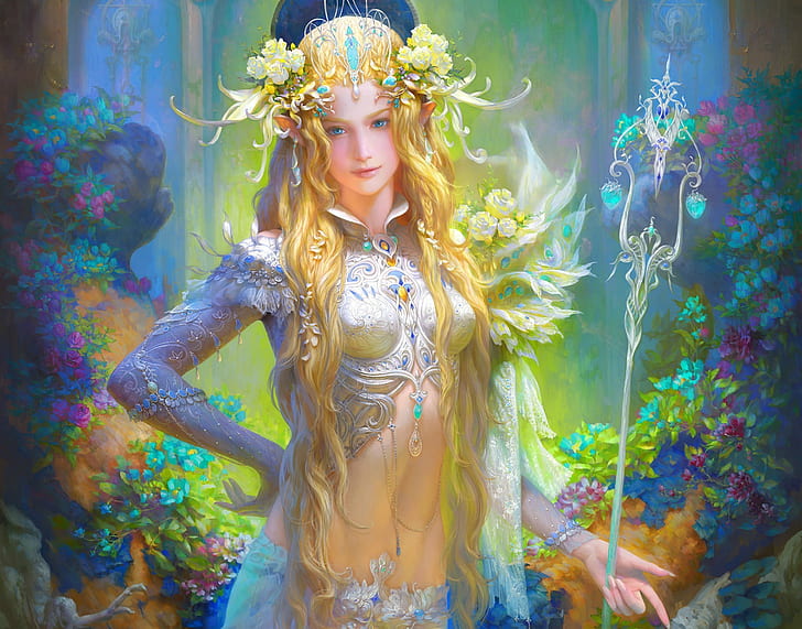 fantasy art, artwork, pointed ears, belly, scepters, flower in hair, blue eyes, elves, HD wallpaper