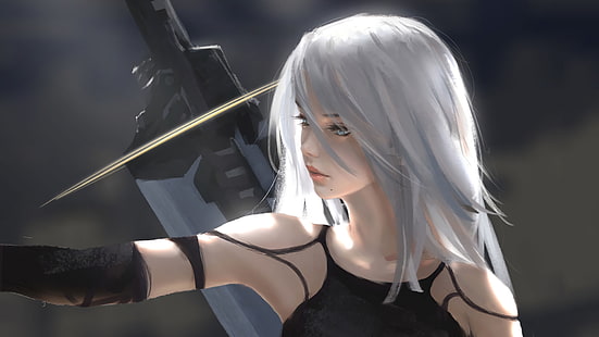 Papel de parede de anime de cabelos grisalhos, videogame, NieR: Automata, olhos azuis, garota, cabelos longos, espada, arma, cabelo branco, YoRHa tipo A no.2, HD papel de parede HD wallpaper