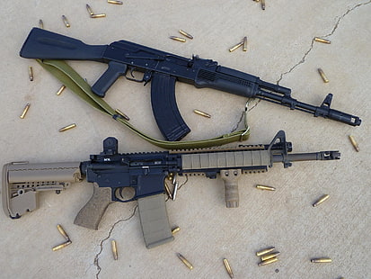 две черни пушки Калашников и пушка M4A1, пистолет, щурмова пушка, AK-103, AR-15, оръжие, HD тапет HD wallpaper