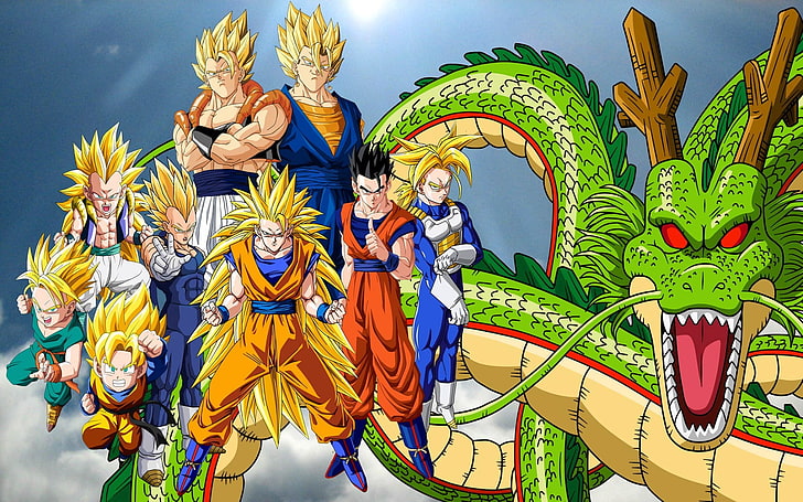 Ilustração de Goku filho, Dragon Ball, Goku Filho, Super Saiyan, Troncos (personagem), Vegeta, Shenron, Gogeta, Vegito, Super Saiyan 3, Ultimate Gohan, Gotenks, colagem, HD papel de parede