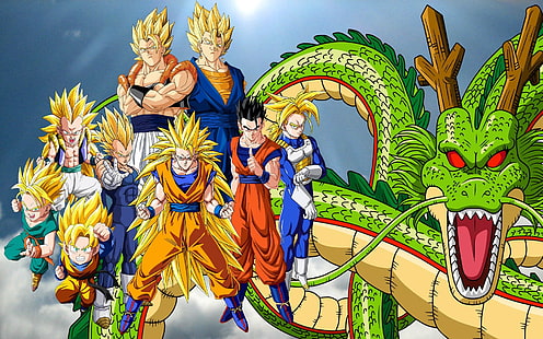 Son Goku illustration, Dragon Ball, Son Goku, Super Saiyan, Trunks (character), Vegeta, Shenron, Gogeta, Vegito, Super Saiyan 3, Ultimate Gohan, Gotenks, collage, HD wallpaper HD wallpaper