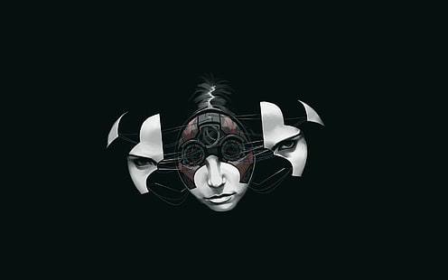 weiße und schwarze Tapete des menschlichen Gesichtes, digitale Kunst, steampunk, einfacher Hintergrund, Roboter, Minimalismus, Gesicht, HD-Hintergrundbild HD wallpaper