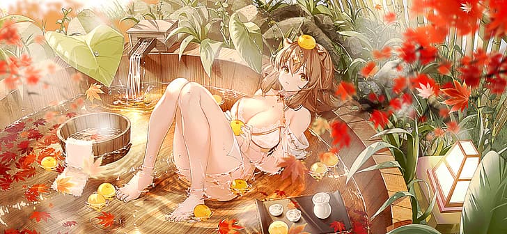Maidenand#039;s Tower, bathing, bath towel, bathrobes, anime girls, anime games, game characters, HD wallpaper