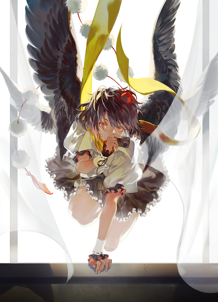 anime, gadis anime, sayap, gadis fantasi, mata merah, Wallpaper HD, wallpaper seluler