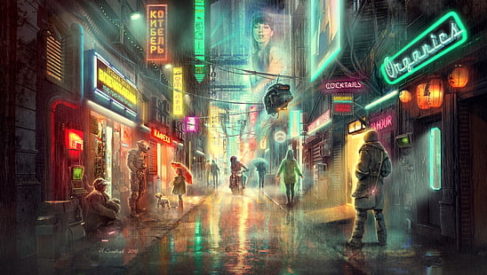grafika, sztuka fantasy, steampunk, miasto, ulica, neon, deszcz, futurystyczny, Tapety HD HD wallpaper