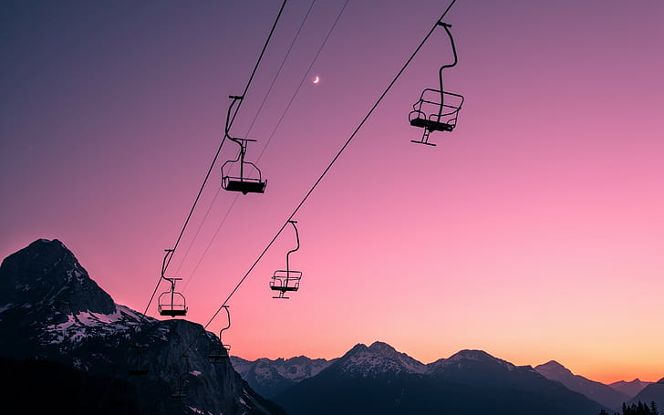 مصعد التزلج صورة ظلية غروب الشمس جبال HD ، الطبيعة ، غروب الشمس ، الجبال ، صورة ظلية ، التزلج ، المصعد، خلفية HD