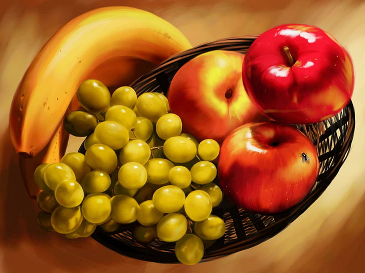 Fresh Fruits On The Table, lovely, fruits, freshnes, nice, grape, delicious, banana, beautiful, yummy, apples, basket, 3d and, HD wallpaper