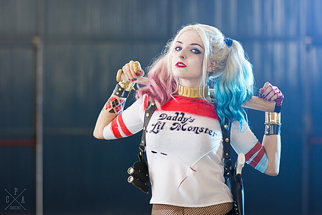 HarleyQuinn trzymający kij baseballowy, Harley Quinn, cosplay, DC Comics, komiksy, Tapety HD HD wallpaper