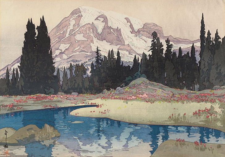 lac près des bois à travers la peinture de montagne, Yoshida Hiroshi, oeuvre d'art, japonais, peinture, montagnes, eau, Fond d'écran HD