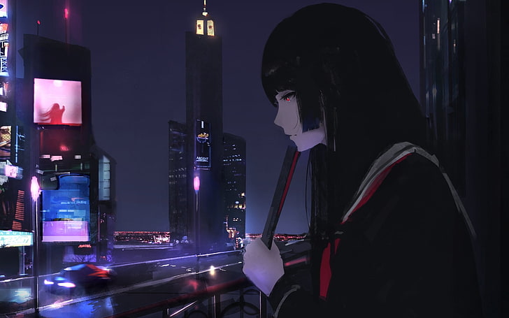 Дигитален тапет за женски характер на Tokyo Ghoul, град, нощ, училищна униформа, HD тапет