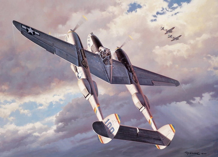 gray fighter plane, fighter, war, art, airplane, painting, aviation, ww2, p 38 lightning, HD wallpaper