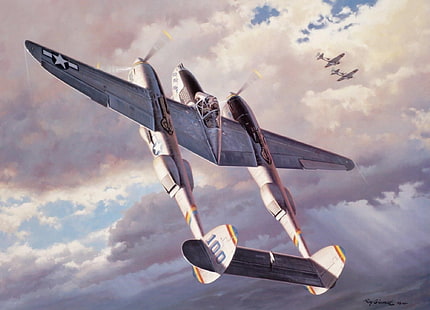 gray fighter plane, fighter, war, art, airplane, painting, aviation, ww2, p 38 lightning, HD wallpaper HD wallpaper
