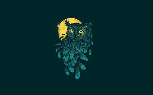 owl animation wallpaper, digital art, minimalism, animals, owl, feathers, Moon, yellow eyes, simple background, HD wallpaper HD wallpaper