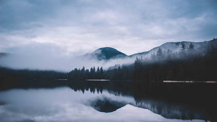 landskapsfotografering av berg, dimma, skog, sjö, natur, HD tapet