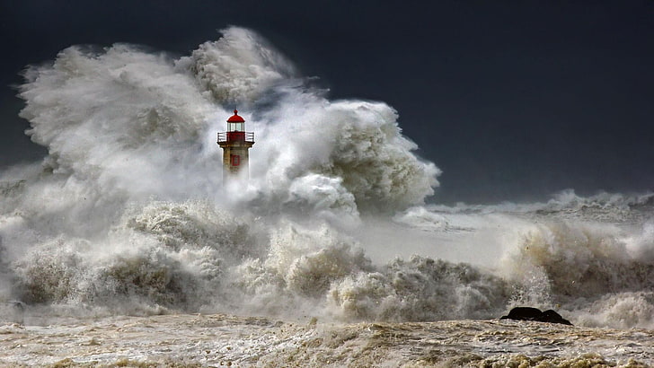 lighthouse, felgueiras lighthouse, porto, portugal, wave, wind wave, breakwater, powerful, europe, eu, stormy, storm, HD wallpaper