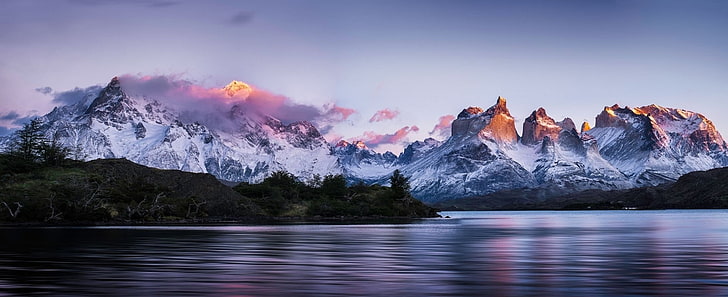 горы перед водоемом, панорамы, Торрес дель Пайне, Патагония, Чили, горы, озеро, снежная вершина, деревья, природа, пейзаж, HD обои