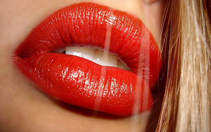 women, gloss, teeth, juicy lips, red lipstick, long hair, closeup, hair in face, model, blonde, face, open mouth, HD wallpaper