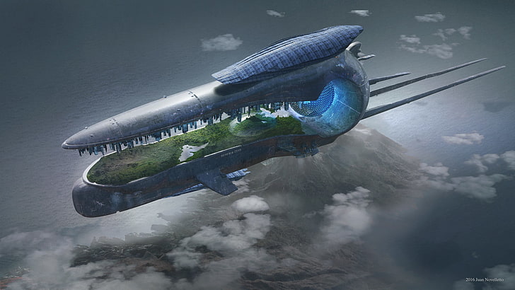 خلفية سفينة رمادية وزرقاء ، فن رقمي ، خيال علمي ، مستقبلي ، خوان نوفيليتو، خلفية HD