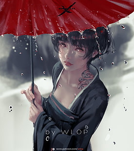  WLOP, artwork, digital art, rain, umbrella, women, short hair, tattoo, Asian, HD wallpaper HD wallpaper