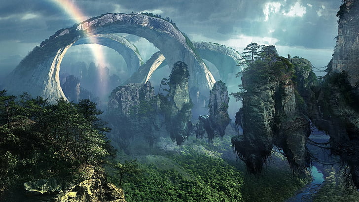 Avatar, Cloud, Floating Island, Forest, Nature, Rain, Rainbow, River, Tree, HD wallpaper