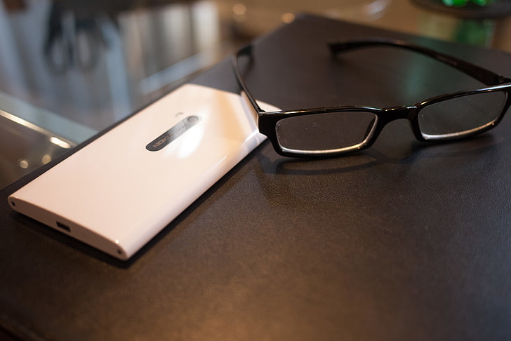 eyeglasses with black plastic frames, white, glasses, smartphone, nokia, 920, windows phone 8, lumia, HD wallpaper