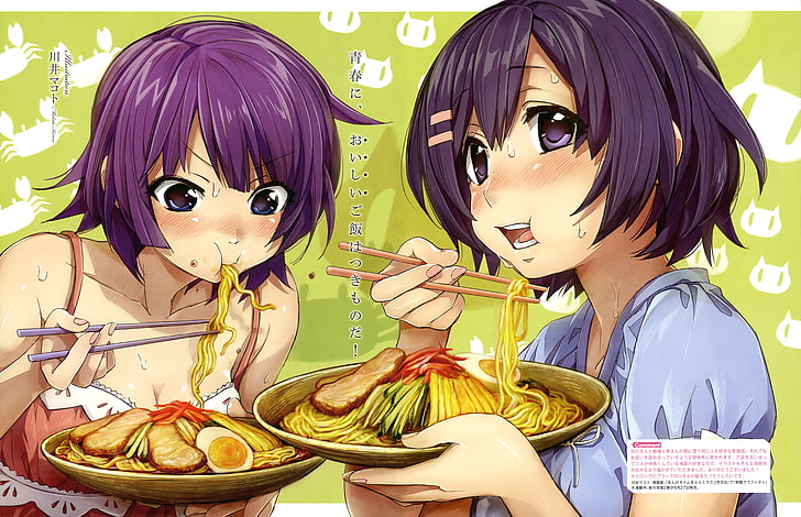 Monogatari Series, Senjougahara Hitagi, Hanekawa Tsubasa, jedzenie, makaron, dziewczyny anime, anime, anime girls eating, Tapety HD