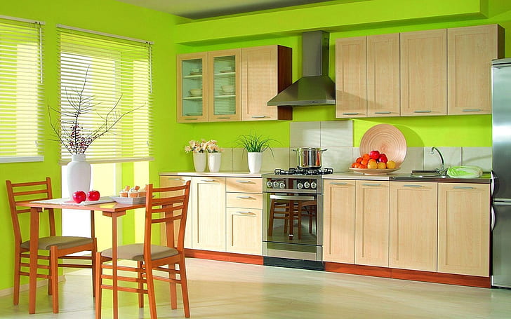 Nuevos muebles de cocina, cocina, verde, muebles, diseño de interiores., Fondo de pantalla HD