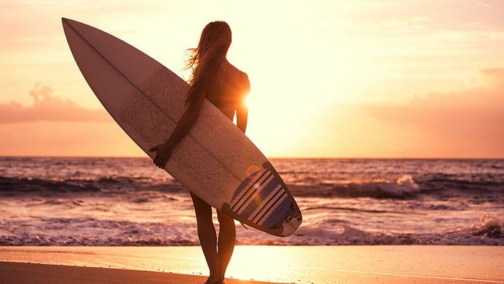 Surfing, flicka, strand, sol, hav, HD tapet