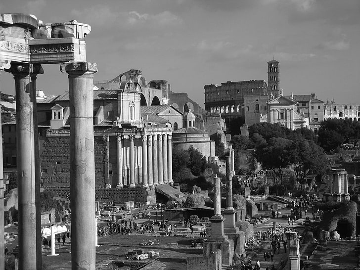 Graustufenfoto von Betongebäuden, Italien, Rom, Ruinen, Kolosseum, altes, schwarzes Weiß, HD-Hintergrundbild
