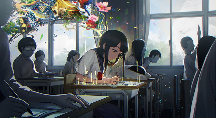 Воображение, черноволосая девушка аниме иллюстрации, художественные, аниме, школа, воображение, классная комната, студенты, HD обои