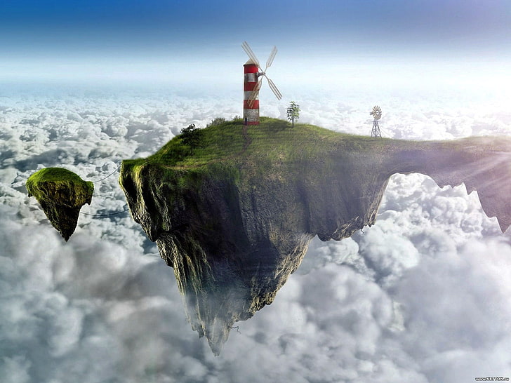 rote und weiße Windmühle auf Gipfel tagsüber, Windmühle, Insel, Wolken, digitale Kunst, HD-Hintergrundbild