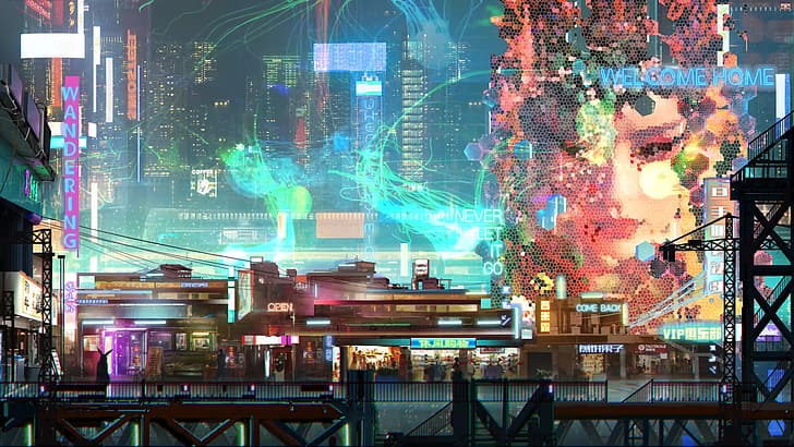 Donglu Yu, cyberpunk, futurista, neon, cidade futurista, rua, obra de arte, arte digital, arte conceitual, tabuleta, mosaico, passarela, Ópera de Pequim, arranha-céu, HD papel de parede