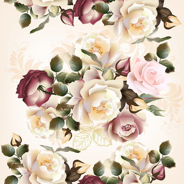 flowers, pattern, roses, beige background, seamless, HD wallpaper