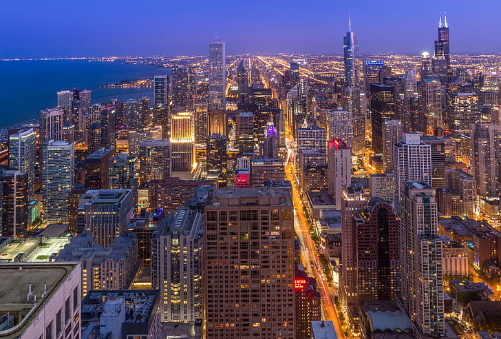 aerial photo of city buildings during night time, Downtown Chicago, aerial photo, buildings, night time, City, Dusk, Overlook, Skyline, Skyscraper, Downtown, Long Exposure, Canon, 70D, EOS, Street, Overview, Observatory, Blue Hour, Wide Angle, Angle  Lake, Streets, rooftops, sky, sears tower, trump tower, cityscape, urban Skyline, night, downtown District, famous Place, architecture, urban Scene, aerial View, asia, business, office Building, building Exterior, HD wallpaper