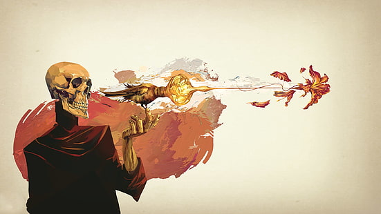 squelette tenant une illustration de feu, crâne, squelette, fleur, fantaisie, art, Fond d'écran HD HD wallpaper