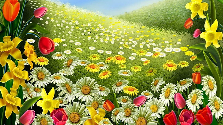 bunga, bunga liar, tanaman, padang rumput, musim semi, bidang, Budidaya Bunga, rumput, seni fantasi, lereng bukit, Wallpaper HD