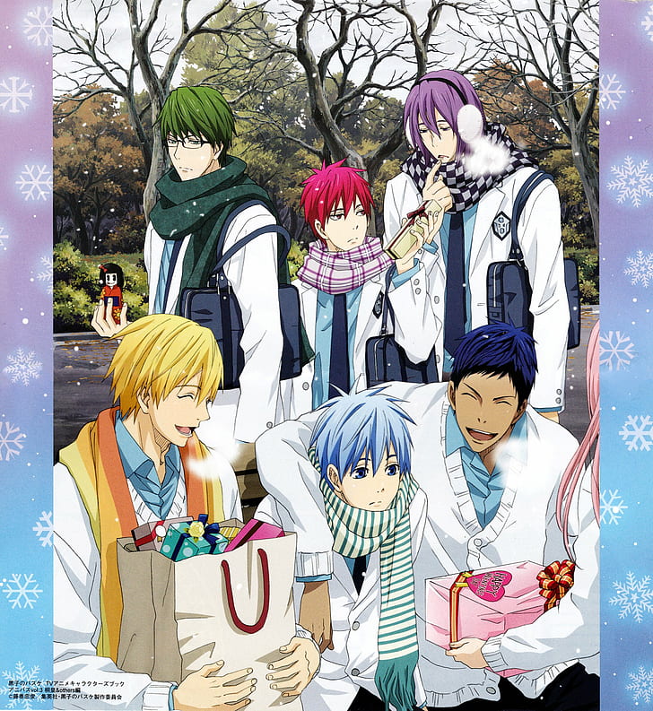 anime, basket, beautiful, beauty, boys, characters, cool, group, handsets, kuroko, series, snow, tree, HD wallpaper