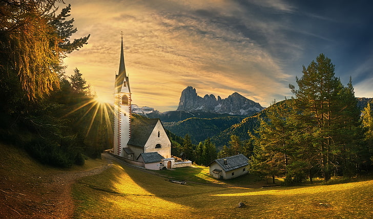 trees, sunset, mountains, Italy, Church, The Dolomites, South Tyrol, Dolomites, Urtijëi, St. Jacob's Church, Ortisei, Church. James, HD wallpaper