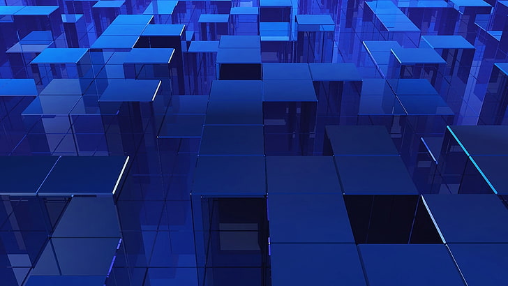 blue 3D boxes wallpaper, cubes, set, neon, light, HD wallpaper