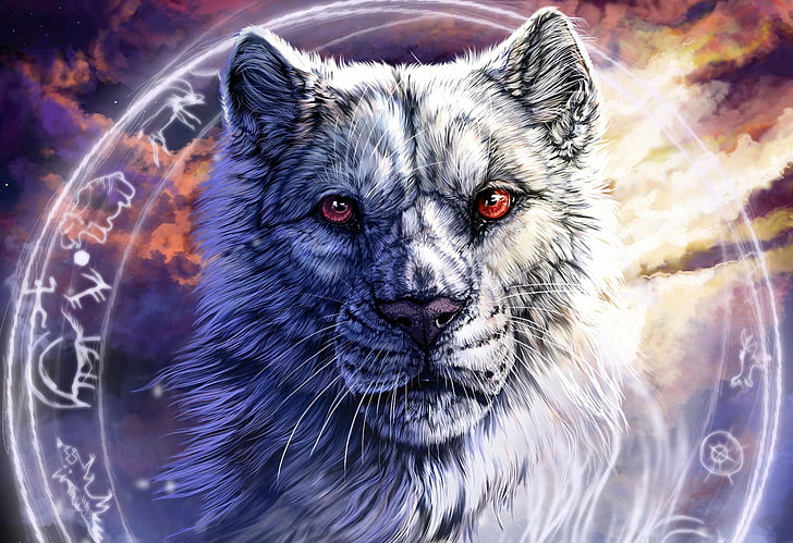 gray wolf wallpaper, face, wolf, round, characters, art, red eyes, HD wallpaper