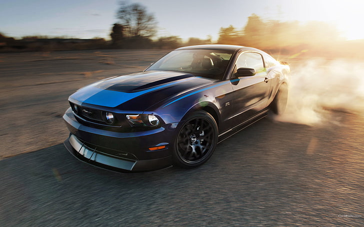 blue Ford Mustang coupe, smoke, mustang, ford, muscle car, Soroti, HD wallpaper