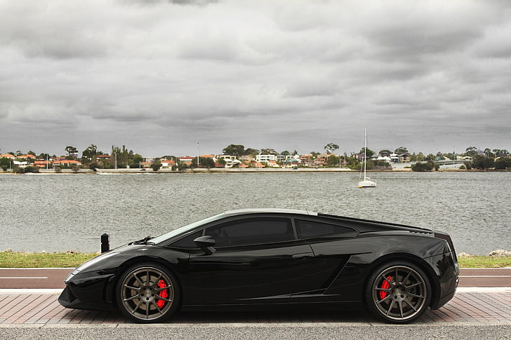 coupé noir Lamborghini Gallardo, le ciel, rêve, lac, beauté, voiture, lecteurs, Lamborghini Gallardo, frein, Fond d'écran HD