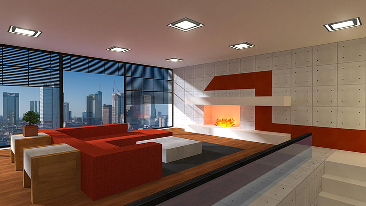 комплект мебели за хол, Minecraft, визуализация, апартаменти, камина, прозорец, HD тапет