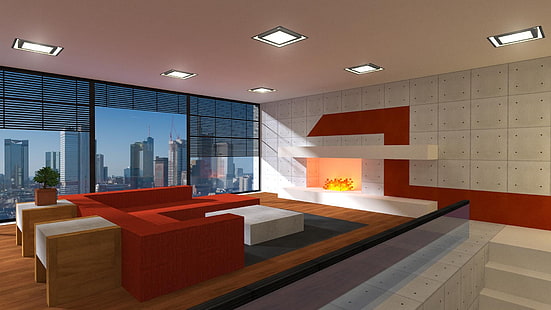 conjunto de móveis de sala de estar, Minecraft, render, apartamentos, lareira, janela, HD papel de parede HD wallpaper