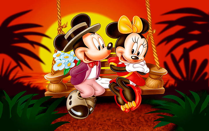 Kartun Mickey Dan Minnie Mouse Sunset Pasangan Romantis Hd Wallpaper 1920 × 1200, Wallpaper HD