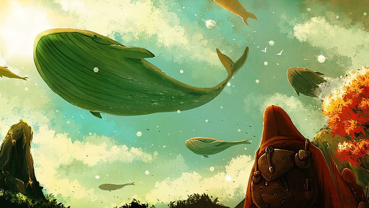 Whales in the sky, flying whale illustration, fantasy, 1920x1080, cloud, whale, HD wallpaper