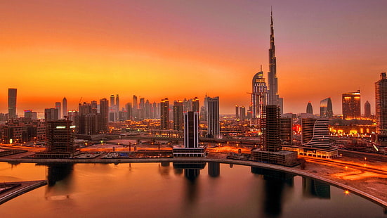 metropolis, horizon, downtown, tower, sky, dusk, skyscraper, orange sky, burj khalifa, reflection, uae, skyline, city, metropolitan area, cityscape, asia, sunset, united arab emirates, dubai, HD wallpaper HD wallpaper