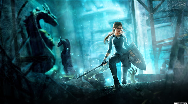 Tomb Raider Underworld Küllerin Altında, kılıç ve kalkan tutan kadın dijital duvar kağıdı, Oyunlar, Tomb Raider, Küller, Yolculuk, Mezar, Akıncı, Yeraltı, Lara, Survivor, Efsane, Croft, TombRaider, LaraCroft, AltındaAshes, HD masaüstü duvar kağıdı