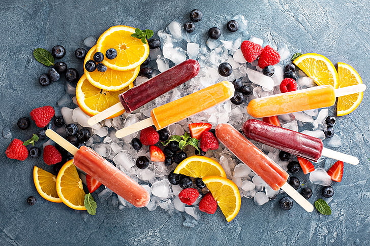popsicle, food, orange (fruit), ice cubes, blackberries, strawberries, raspberries, HD wallpaper
