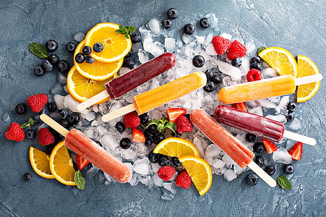 эскимо, еда, апельсин (фрукты), кубики льда, ежевика, клубника, малина, HD обои HD wallpaper